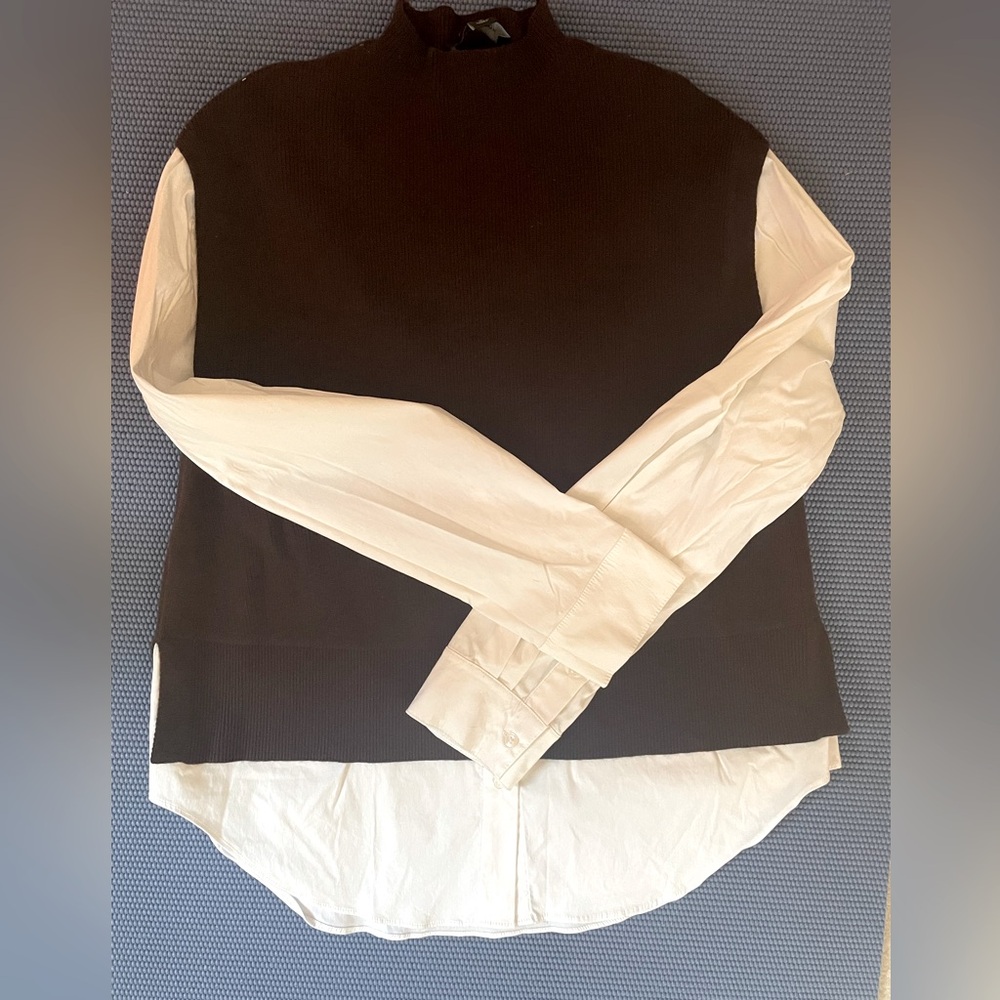 Ann Taylor Mixed Media White Shirt Brown Vest Top Medium